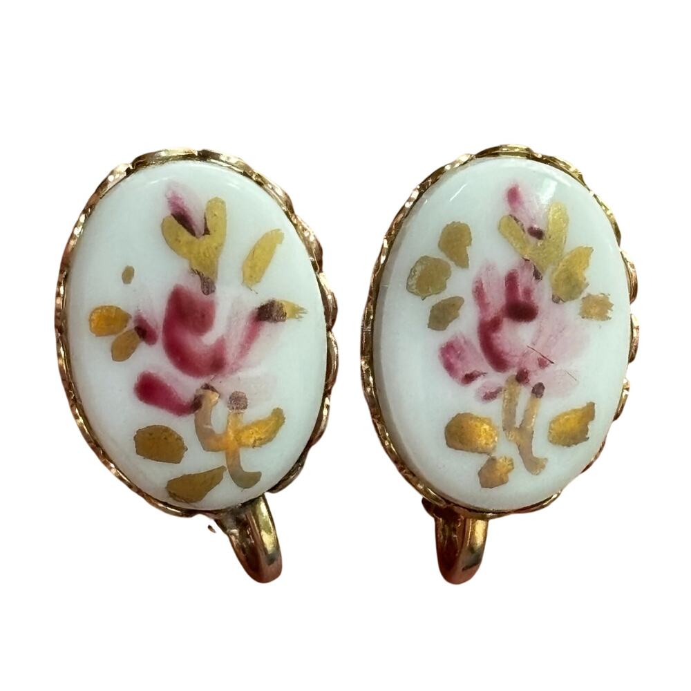 Vintage Clip On Earrings Hand painted porcelain clip on earrings pink & white